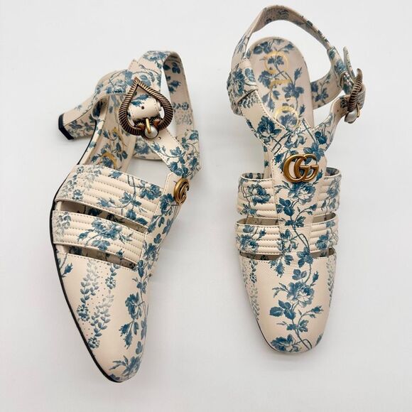Gucci Gea GG Mid Heel Buds/Floral Blue Leather T-Strap  Sandal Pump EU37.5 US7.5 - Picture 5 of 13